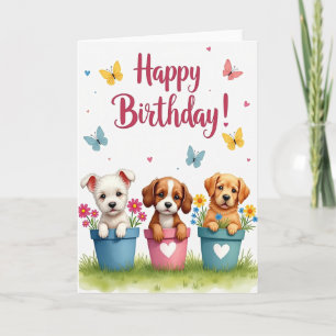 Verjaardagskaart met Zoete Puppies in Potten Kaart