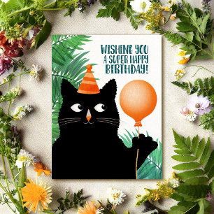 Verjaardagskaart met zwarte kat en ballon briefkaart