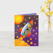 Verjaardagskaart: Moon rocket. space cats Kaart (Gele Bloem)