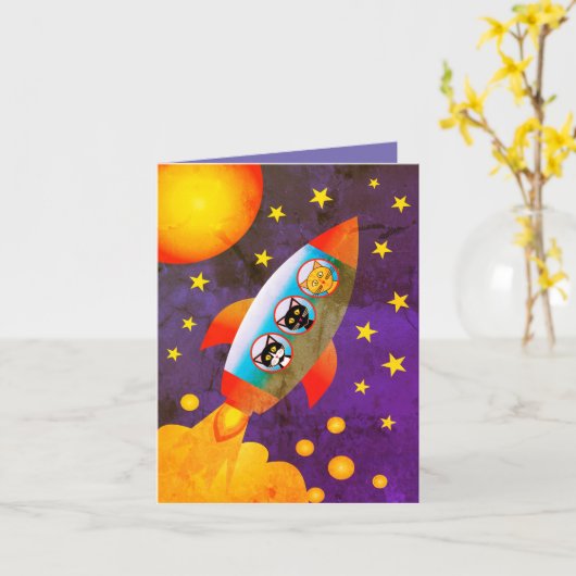 Verjaardagskaart: Moon rocket. space cats Kaart (Gele Bloem)
