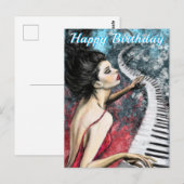 Verjaardagskaart Piano Muziek Dame in het Rood Briefkaart (Voorkant / Achterkant)