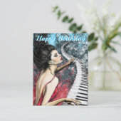 Verjaardagskaart Piano Muzieklady in het rood Briefkaart (Staand voorkant)