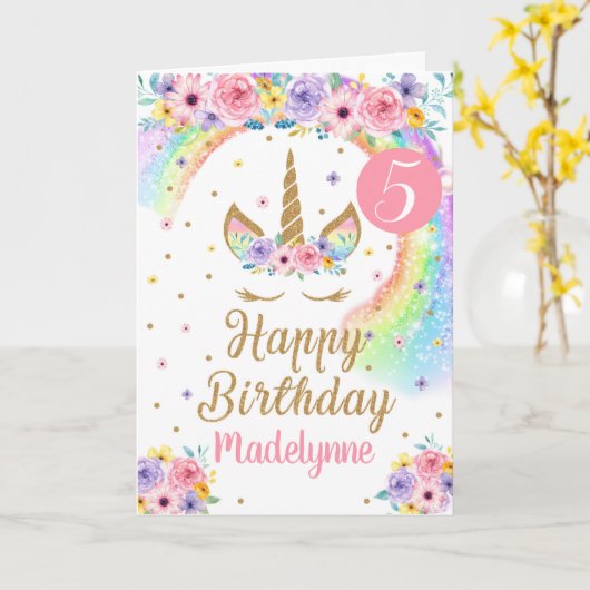 Verjaardagskaart Regenboog Eenhoorn Kaart (Gele Bloem)