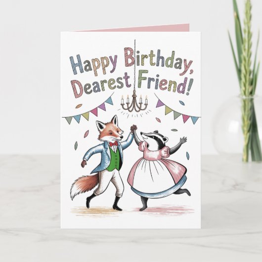 Verjaardagskaart Regency stijl Fox en Badger Ball Kaart (Voorkant)