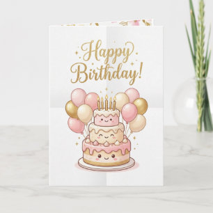 Verjaardagskaart   Roze & Gouden Taart Ballonnen🎉 Kaart