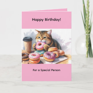 Verjaardagskaart Roze met Mooie Kat die Donuts Eet Kaart