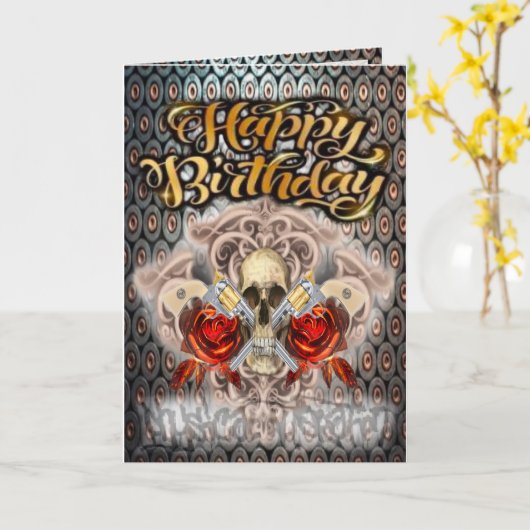 Verjaardagskaart schedel en pistolen kaart (Gele Bloem)