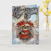 Verjaardagskaart schedel en rozen kaart (Gele Bloem)