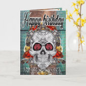 Verjaardagskaart schedel en rozen kaart (Gele Bloem)