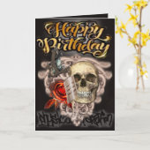 Verjaardagskaart schedel tattoo machine kaart (Gele Bloem)