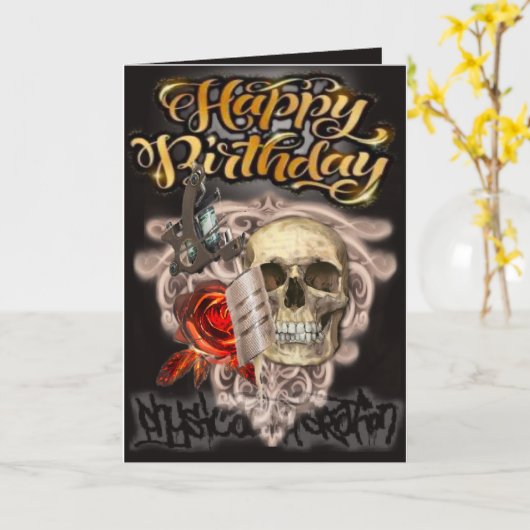 Verjaardagskaart schedel tattoo machine kaart (Gele Bloem)