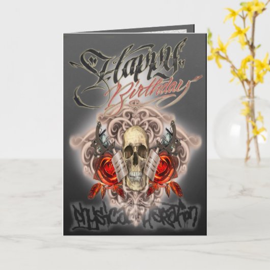 Verjaardagskaart schedel tattoo machines kaart (Gele Bloem)