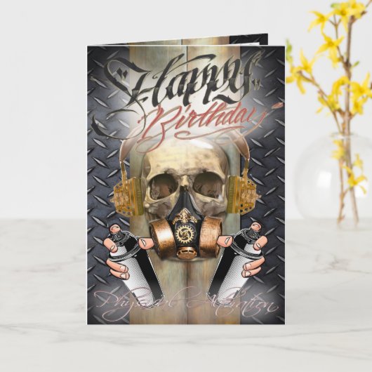 Verjaardagskaart steampunk\graffiti schedel kaart (Gele Bloem)