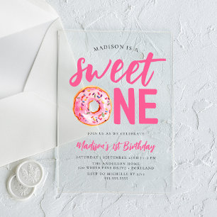 Verjaardagskaart Sweet One Roze Donut 1e Verjaarda Acryl Uitnodigingen