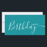 Verjaardagskaart Teal Wit Modern Plat<br><div class="desc">Deze moderne en elegante platte kaart heeft witte Happy Birthday tekst op de voorkant en aan de achterkant kun je hem personaliseren met jouw naam of familienaam. De achtergrond is in teal kleur.</div>