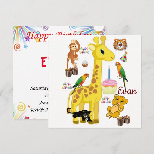 Verjaardagskaart Uitnodiging Giraffe Aap (Voorkant / Achterkant)