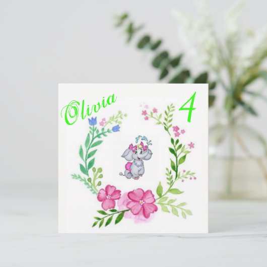 Verjaardagskaart Uitnodiging Olifant Bloemendecora (Staand voorkant)