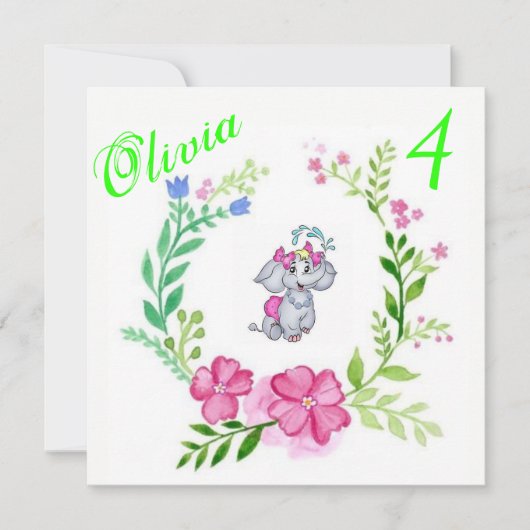 Verjaardagskaart Uitnodiging Olifant Bloemmotief (Voorkant)