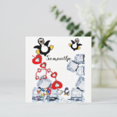 Verjaardagskaart uitnodiging Pinguïn (Staand voorkant)