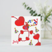 Verjaardagskaart uitnodiging rode harten (Staand voorkant)