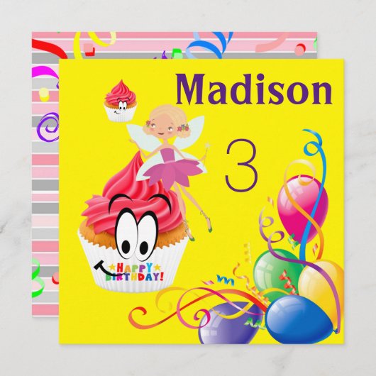 Verjaardagskaart Uitnodiging Streep FeeënCupcake (Voorkant / Achterkant)