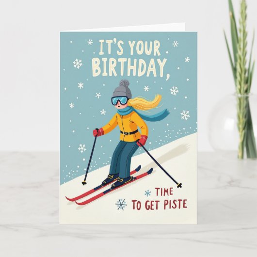 Verjaardagskaart van blije skiër kaart (Voorkant)
