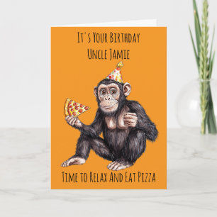 Verjaardagskaart van chimpansee die pizza eet kaart