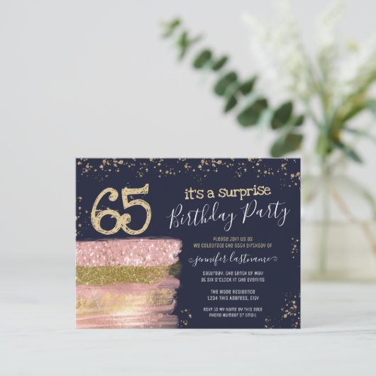 Verjaardagskaart voor 65e verjaardag met glitters  briefkaart (Staand voorkant)