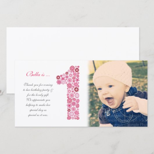 Verjaardagskaart voor baby meisjes 1e verjaardag d bedankkaart (Voorkant / Achterkant)