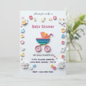 Verjaardagskaart voor baby met kinderwagen en mall kaart (Staand voorkant)