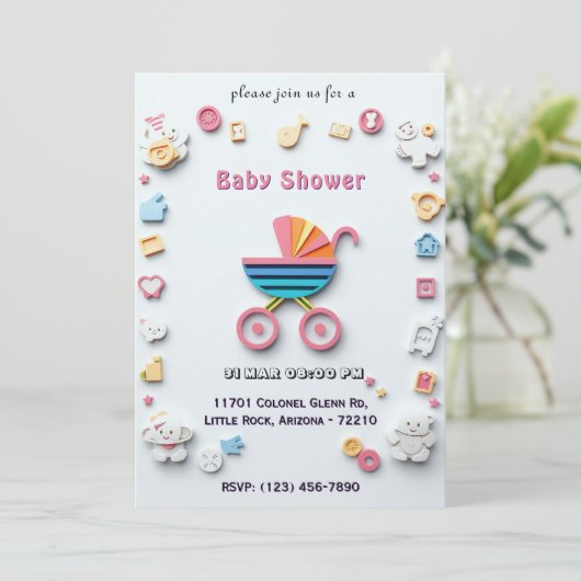 Verjaardagskaart voor baby met kinderwagen en mall kaart (Staand voorkant)