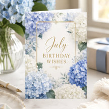 Verjaardagskaart voor juli met elegante blauwe hor
