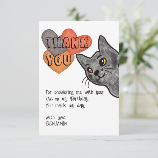 Verjaardagskaart voor kinderen bedankt voor de kat (Staand voorkant)