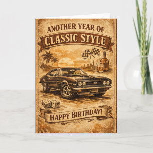 Verjaardagskaart voor mannen met vintage oldtimer kaart