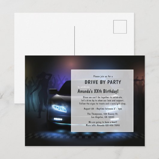 Verjaardagskaart voor 's nachts een drive-by feest briefkaart (Voorkant / Achterkant)