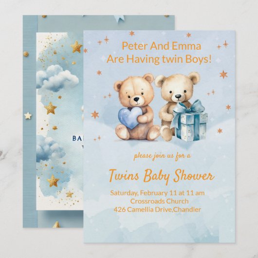 Verjaardagskaart voor tweeling baby jongens kaart (Voorkant / Achterkant)