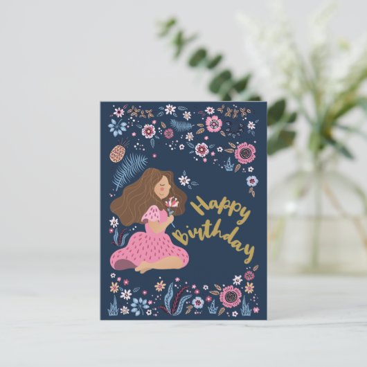Verjaardagskaart voor vrouw met bloemen in het bla briefkaart (Staand voorkant)
