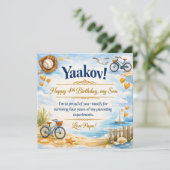 Verjaardagskaart voor zoon, strandstemming, blauw (Staand voorkant)