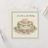 Verjaardagskaart voor zus met vintage bloemencake kaart (Voorkant / Achterkant in situ)