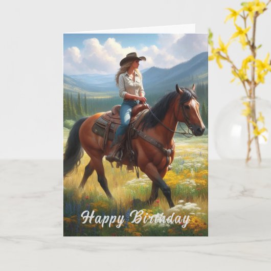 Verjaardagskaart Westerse Cowgirl Kaart (Gele Bloem)