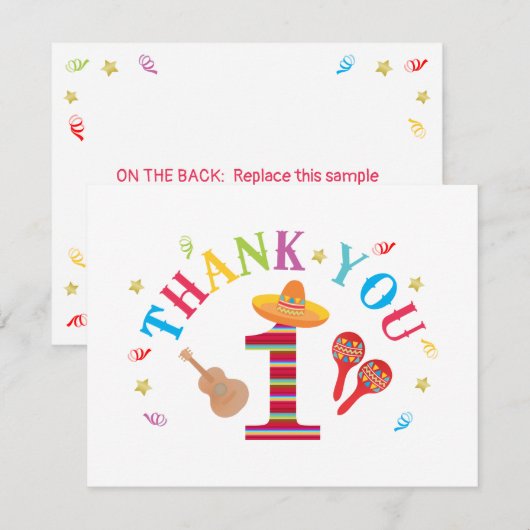 Verjaardagskaartje Fiesta 1e verjaardag Schattig M Bedankkaart (Voorkant / Achterkant)
