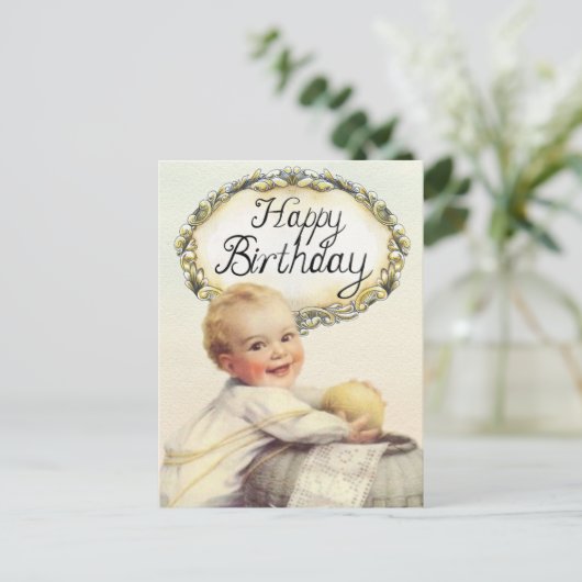 Verjaardagskado baby vintage kunst briefkaart (Staand voorkant)