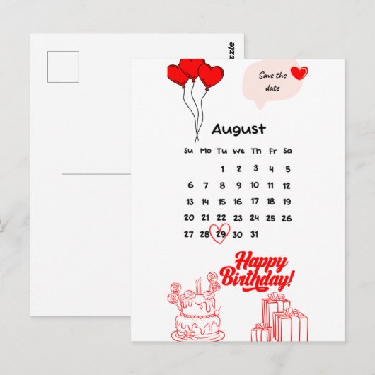 Verjaardagskalender briefkaarten Augustus maand (Voorkant / Achterkant)