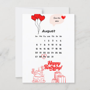 Verjaardagskalender briefkaarten Augustus maand