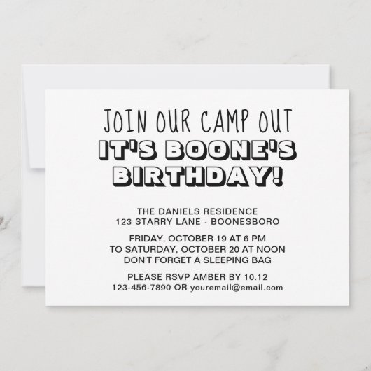 Verjaardagskamp Out Camping Party Zwart-wit Kaart (Achterkant)