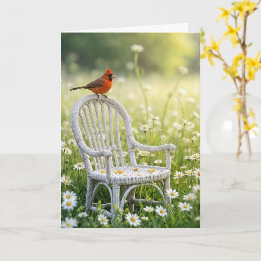 Verjaardagskardinaal op een rieten stoel kaart (Gele Bloem)