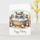 Verjaardagskat die een bad krijgt kaart (Gele Bloem)