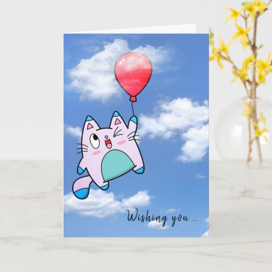 Verjaardagskat en ballon kaart (Gele Bloem)