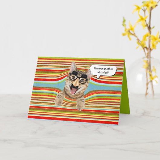 Verjaardagskat humor kaart (Gele Bloem)