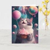 Verjaardagskat in het Space Wenskaart Kaart (Gele Bloem)